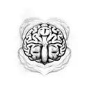 A sketch of a brain and a heart separated by a diagonal line, representing the dichotomy between rationality and emotion tattoo design idea