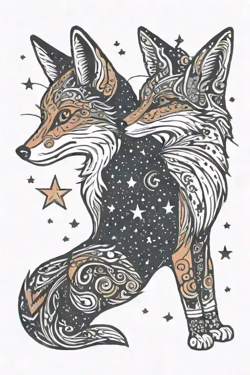 two foxes from behind looking at the stars forming tattoo design idea