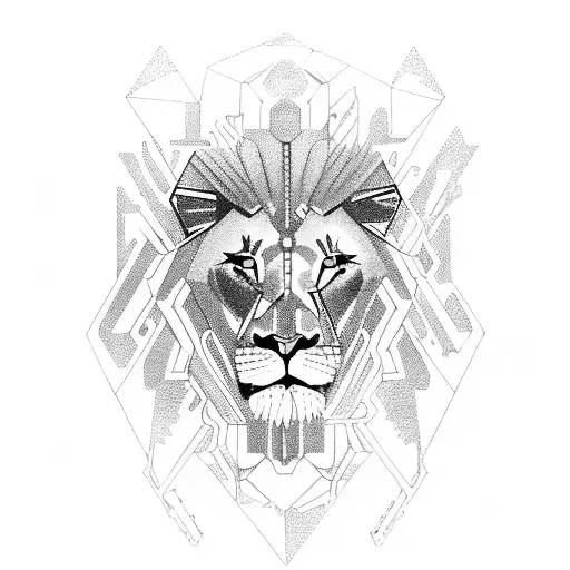 A majestic lion wearing futuristic techno armor dancing in a mystical forest tattoo design idea