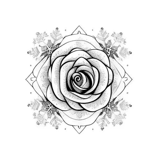 red rose with stem on top of snowflakes on frozen ground tattoo design idea