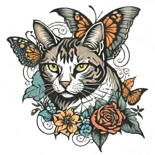 cat and butterfly surrounded tattoo design idea