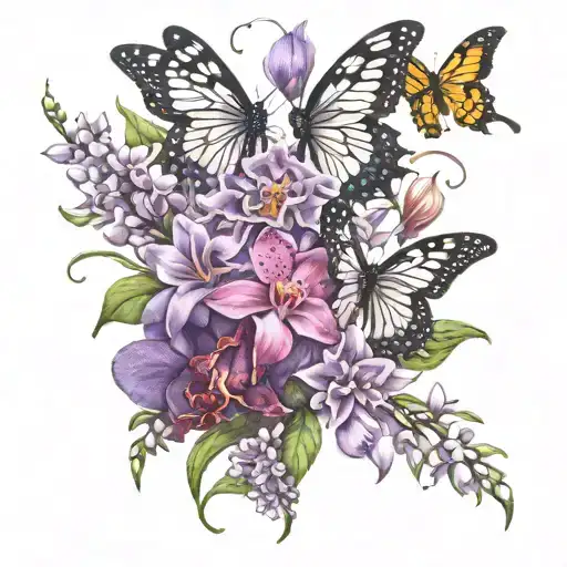 lilac and orchid flowers and butterflies tattoo design idea