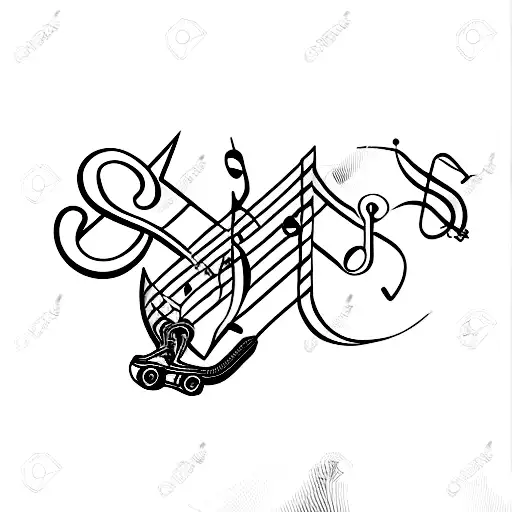 Skateboarder performing a trick with musical notes as the background tattoo design idea