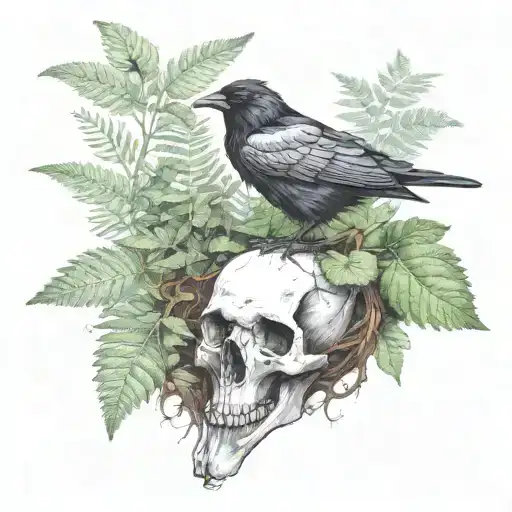 raven resting on a deer skull with mushrooms and ferns around  tattoo design idea