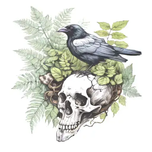 raven resting on a deer skull with mushrooms and ferns around  tattoo design idea