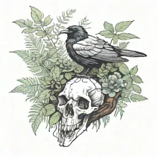 raven resting on a deer skull with mushrooms and ferns around  tattoo design idea