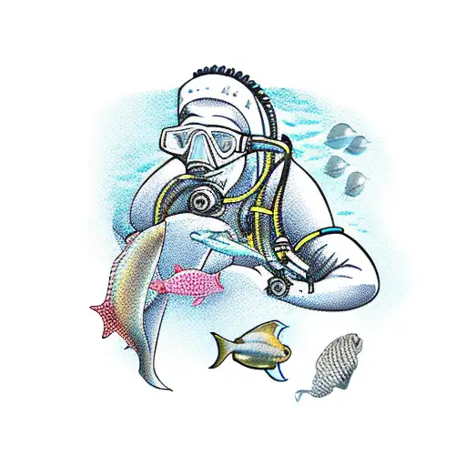 scuba diver with marine life tattoo design idea
