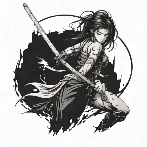 Girl wielding a katana in a dark fantasy setting tattoo design idea