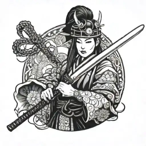 A samurai girl with a traditional Japanese mask, with a katana in her hand tattoo design idea
