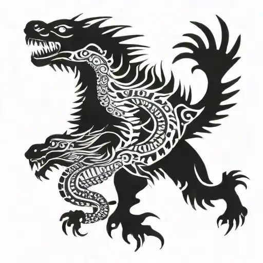 dragon and jaguar with ferns and birds tattoo design idea