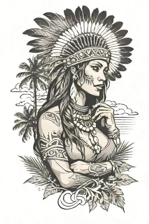 Sexy Native American woman with nice body , palm trees and clouded background with cursive writing of a bible verse  tattoo design idea