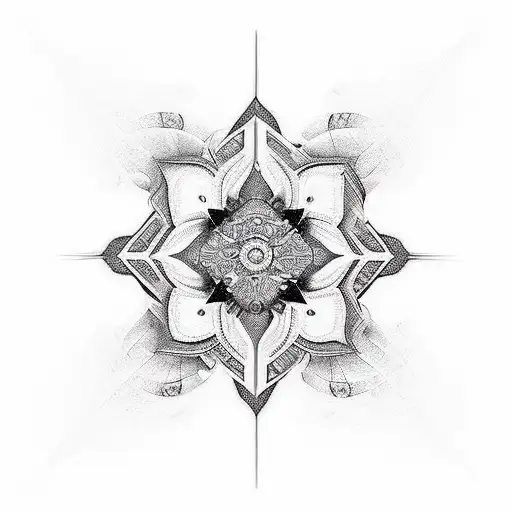 Design a black and white tattoo: A microrealism & geometric blend. Picture a single hand from above, intricately guiding tattoo design idea