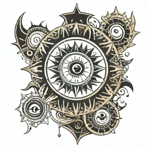 evil eye + sun + moon + earth decreasing scale with circling sun rays tattoo design idea