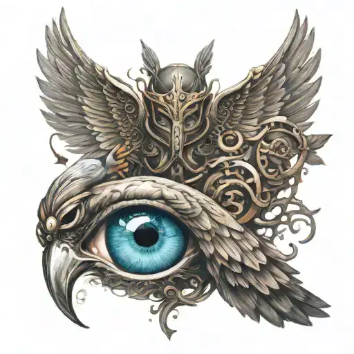 very dinamic scene Big detailed eye with sparrow and guardian angel slaying demon  tattoo design idea