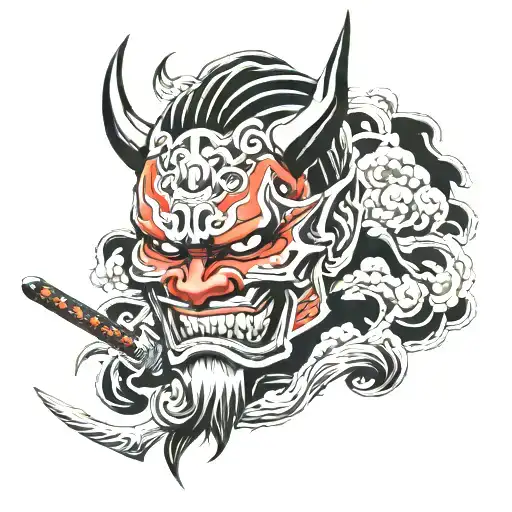 Oni mask and samurai sword tattoo design idea