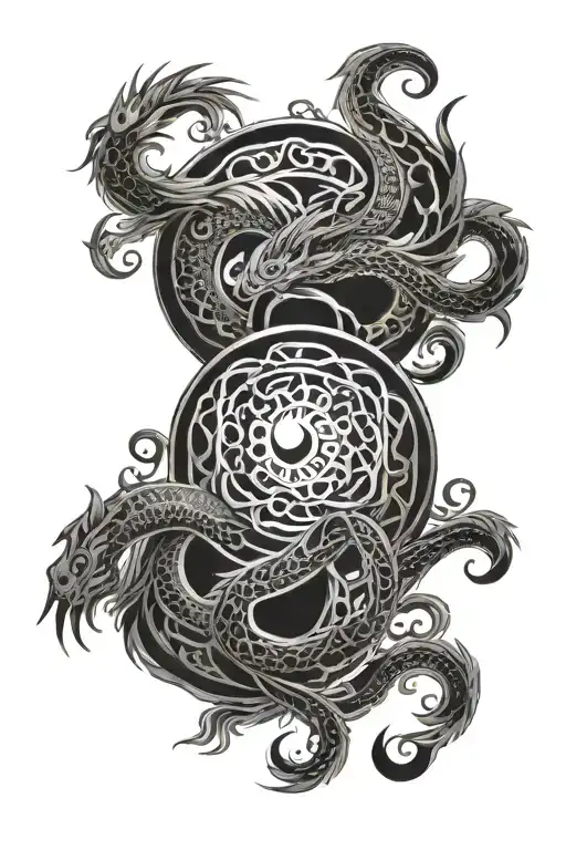 yin and yang, waterfall, dragon, phoenix, celtic, tribal, nordic tattoo design idea