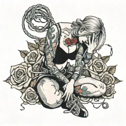 Woman on her knees bound and gagged by roses and barbed wire  tattoo design idea