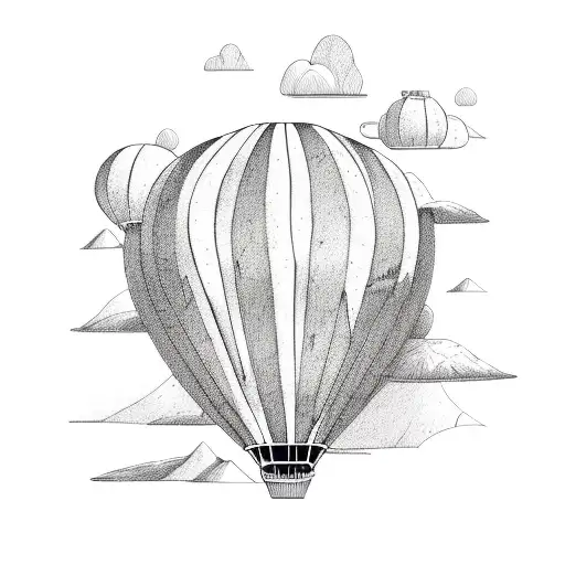 A whimsical hot air balloon flying over a mountain range tattoo design idea
