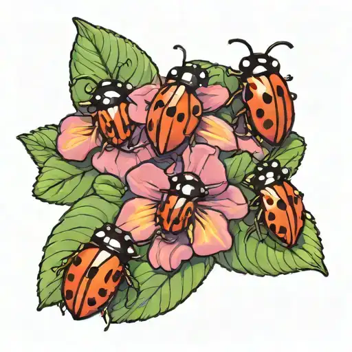 3 small ladybugs sitting on the petals of a bouquet of african violets with stems and without leaves tattoo design idea
