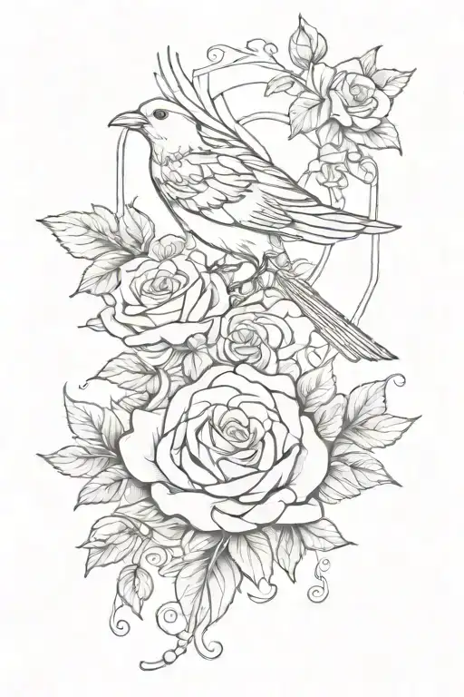 a sleeve tattoo that represent bird , music, peace n joy n love with rose around it tattoo design idea