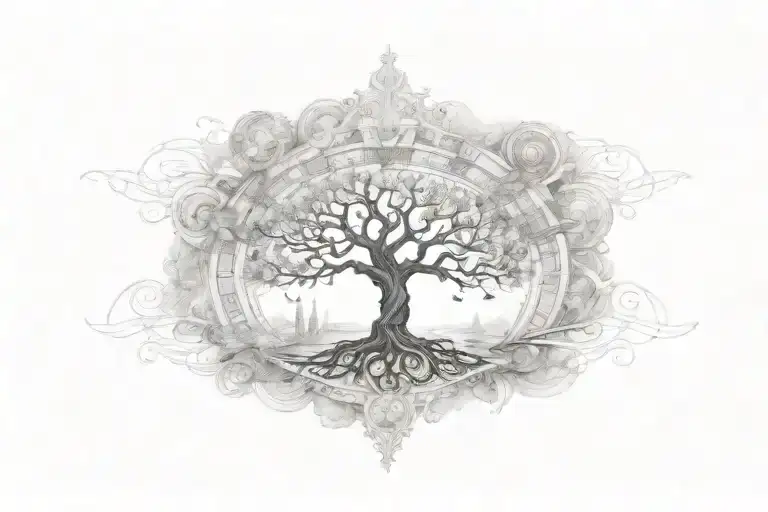 A steam punk-inspired tree of life with musical notes flowing through the branches tattoo design idea