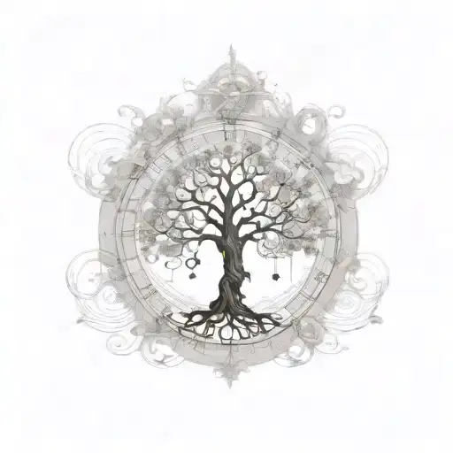 A steam punk-inspired tree of life with musical notes flowing through the branches tattoo design idea