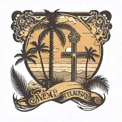Black standard cross with a beach themed landscape on the left with a couple palm trees. On the right I want a country t tattoo design idea