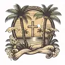 Black standard cross with a beach themed landscape on the left with a couple palm trees. On the right I want a country t tattoo design idea