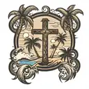 Black standard cross with a beach themed landscape on the left with a couple palm trees. On the right I want a country t tattoo design idea