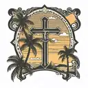 Black standard cross with a beach themed landscape on the left with a couple palm trees. On the right I want a country t tattoo design idea