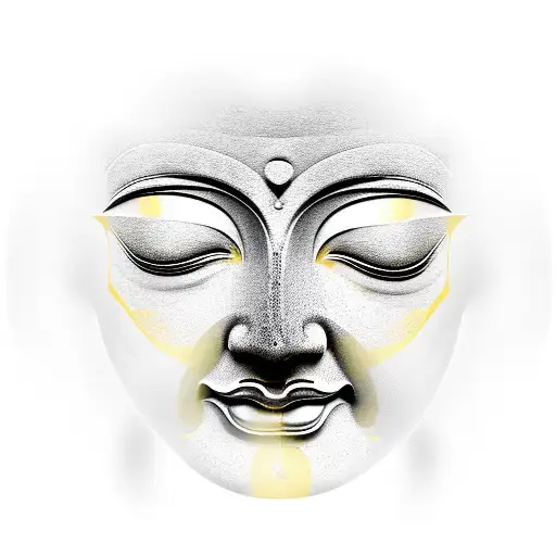 two faced buddha in meditation posture, one part of the face and body should be peaceful and angelic, gold in color,  tattoo design idea