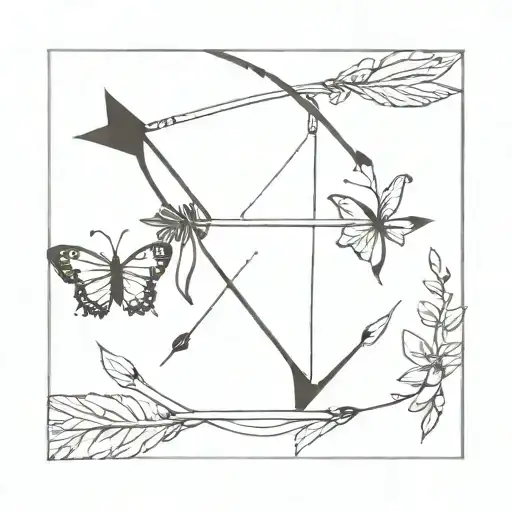 bow and arrow design for inbetween chest area, indie vibes but also goth, with a butterfly on the arrow  tattoo design idea