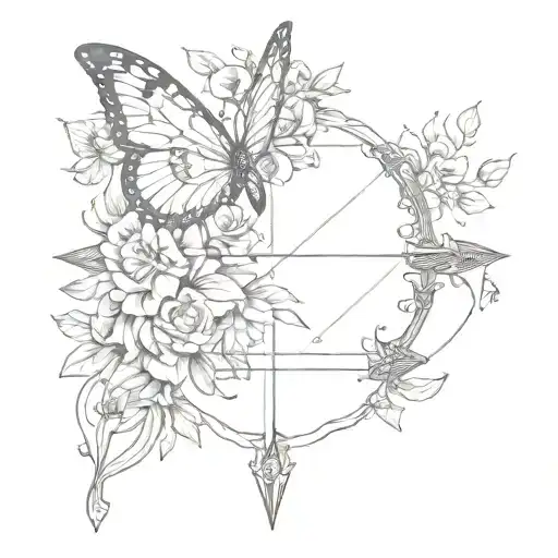 bow and arrow design for inbetween chest area, indie vibes but also goth, with a butterfly on the arrow  tattoo design idea
