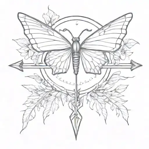 bow and arrow design for inbetween chest area, indie vibes but also goth, with a butterfly on the arrow  tattoo design idea