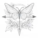 bow and arrow design for inbetween chest area, indie vibes but also goth, with a butterfly on the arrow  tattoo design idea