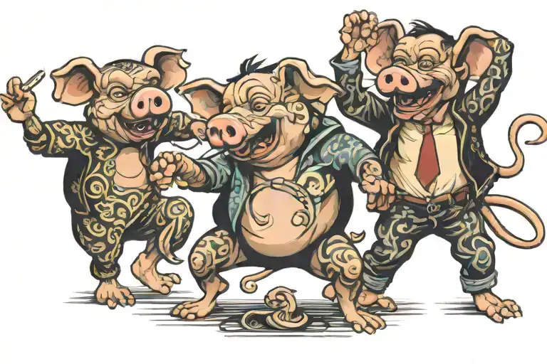 pig & monkey & 2 rats dancing tattoo design idea