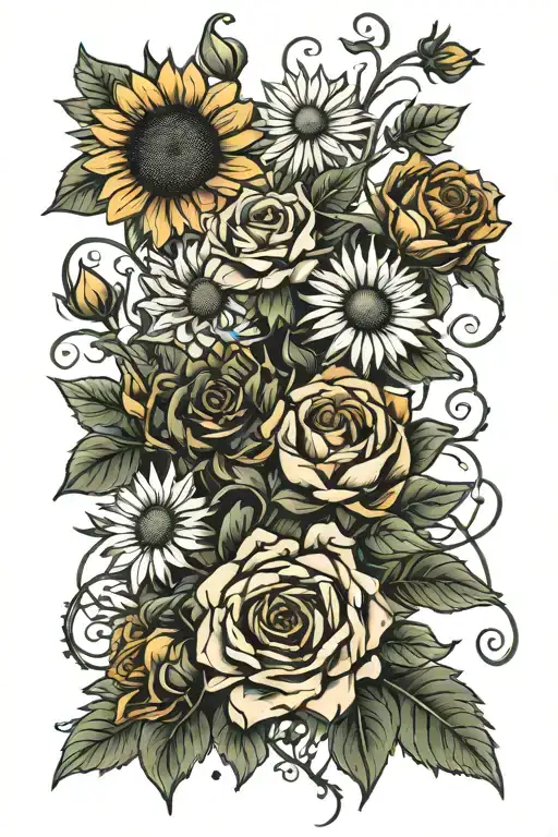 upper arm tattoo with sunflowers, roses, and daisies, dark green stems. there are fairies playing on the flowers. tattoo design idea