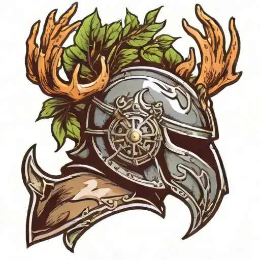 side profile knight helmet and upper body armor  helmet has greenery and deer antlers tattoo design idea