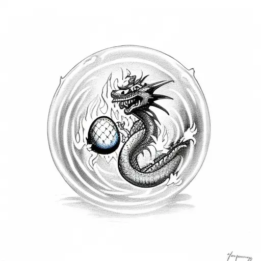 dragon, holding an egg, with flames, open mouth, clouds tattoo design idea
