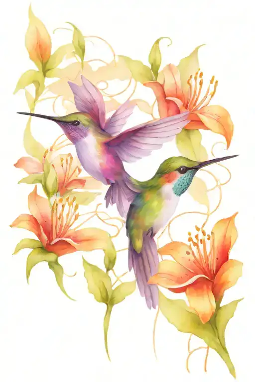 hummingbird with lily flowers and lines  tattoo design idea
