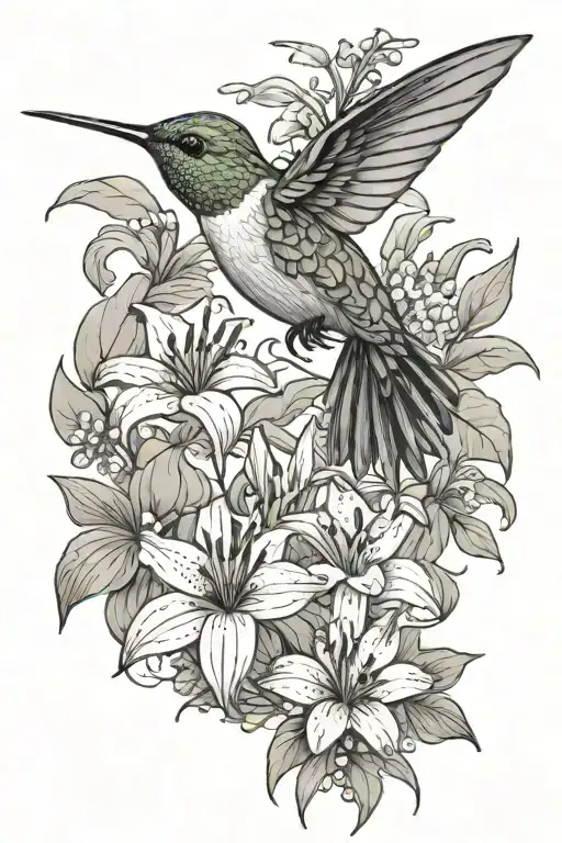 hummingbird with lily flowers and vines tattoo design idea