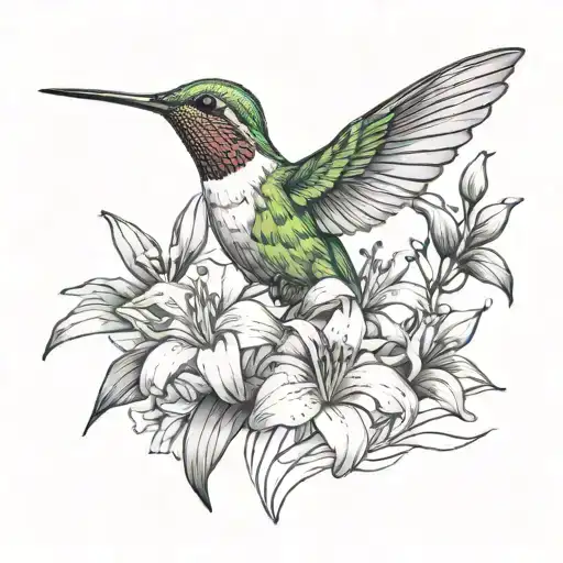 hummingbird with lines and lily flowers blooming tattoo design idea