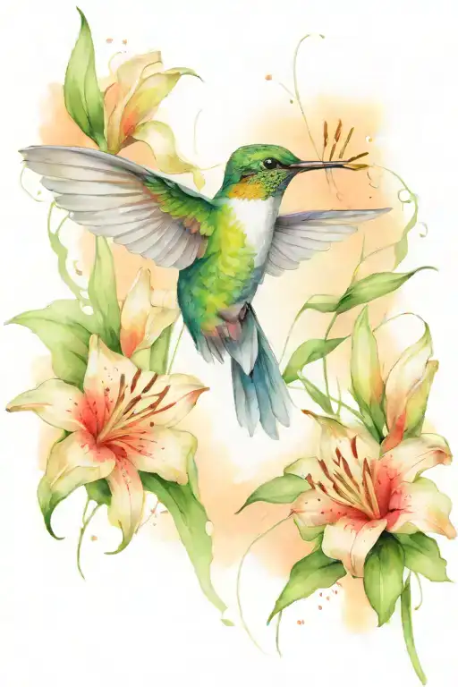 hummingbird with lily flowers and lines  tattoo design idea