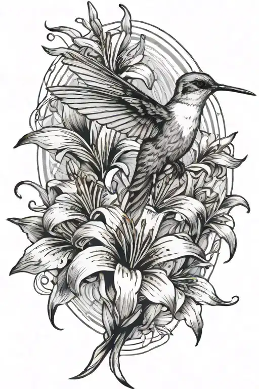 hummingbird with lily flowers and lines  tattoo design idea