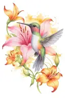hummingbird with lily flowers and lines  tattoo design idea
