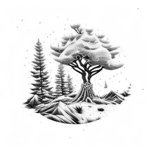 Pine Tree scenery with a cow skull tattoo design idea