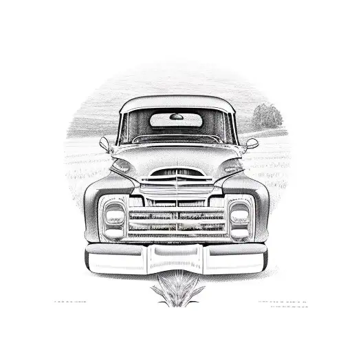 A vintage pickup truck driving through a field of wheat tattoo design idea