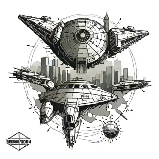 A Star Wars themed tattoo featuring a computerized version of the Millennium Falcon flying over Seattle skyline tattoo design idea