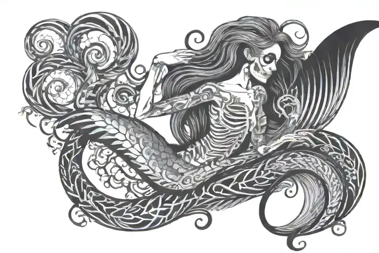 lower back mermaid skeleton smoking tattoo design idea