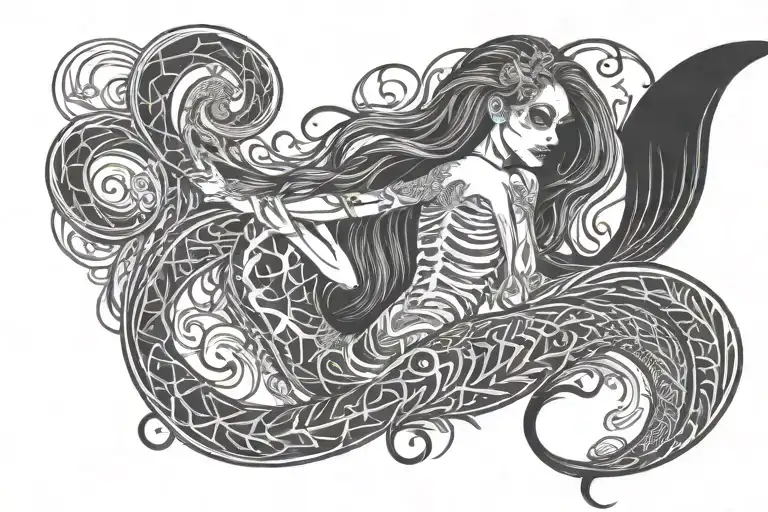 lower back mermaid skeleton smoking tattoo design idea